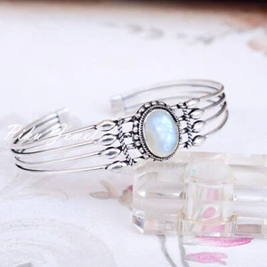 Pietra di luna arcobaleno pietra preziosa argento sterling 925 braccialetto... - Foto 1 di 6