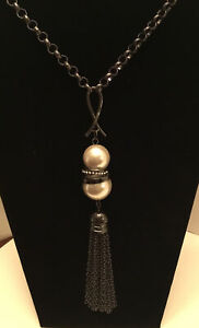 Chico’s Black Medal Chain Necklace With Pearl/Charm Tassle Adjustable 13-18”