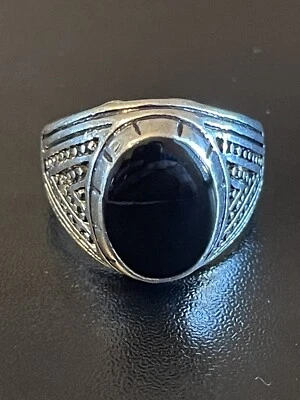Черное обсидиановое посеребренное штампованное мужское женское кольцо S925 размер 9 - Изображение 1 из 4