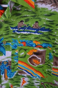 Camicia hawaiana media Van Cort poliestere verde arcobaleno palma Aloha vintage isola - Foto 1 di 6