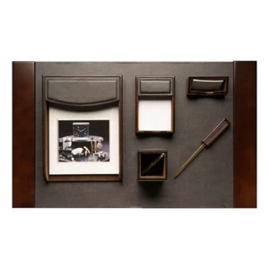 Bey Berk 6 Piece "Walnut" Wood & Brown Leather Desk Set - Picture 1 of 3