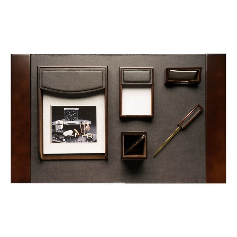 Bey Berk 6 Piece "Walnut" Wood & Brown Leather Desk Set - Image 1 of 3