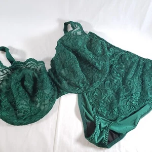 Victoria's Secret Satin Bra Set 44DD Extra Large Hi-Leg Brief Emerald Green Lace - Picture 1 of 9