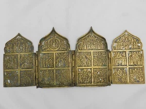 TETRAPTYCHON IKONE- REISEIKONE BRONZE RUSSLAND UM 1840 - Picture 1 of 7