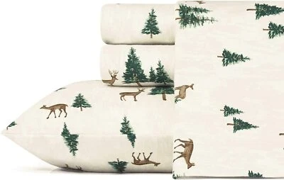 Brown Green Deer Pine Tree 4pc Cotton Flannel Sheet Set Twin Full Queen King Bed - Изображение 1 из 2