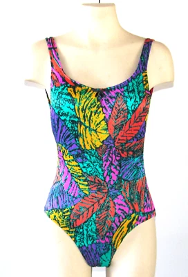 Vintage 1980s 90s Swimsuit Neon Bright 1 Piece Low Back LEAF print Shiny M - Image 1 of 4