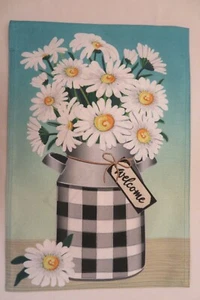 Fiori di margherita "Benvenuti" in latta latte a quadri, texture tela, bandiera CASA stampata - Foto 1 di 2