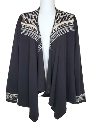 Suéter Lucky Brand Mediano Bliss Negro Cárdigan Azteca Tribal Frente Abierto Drapeado Foto 1 de 4