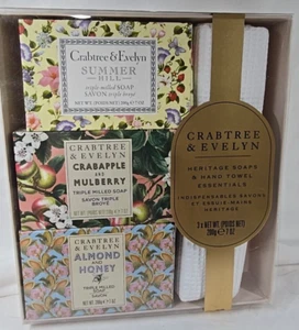 Crabtree & Evelyn HERITAGE SOAPS & HAND TOWEL ESSENTIALS SET 3x-7ozBar 3-Scents - Picture 1 of 8