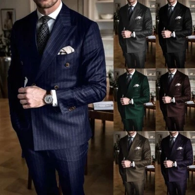 Chic Trajes a Rayas Para Hombre Conjunto de 2 Piezas Formal Doble Pecho Pico Solapa Traje Foto 1 de 4