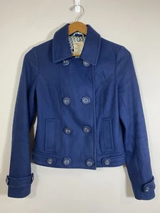 Tulle Pea Coat Womens S Blue Button Up Double Breasted Jacket Pockets Collar - Picture 1 of 6