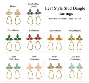 Fashionable Chalcedony Quartz Yellow Gold Plated Leaf Style Stud Dangle Earrings - Picture 1 of 52