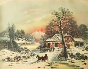 Winter Rural House Horses Sleighs water by J Hoover old art - Picture 1 of 1
