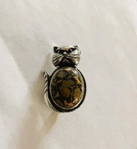 VTG Cat Brooch Leopard Jasper Stone and Sterling Silver 925 Cat Brooch EUC - Picture 1 of 6