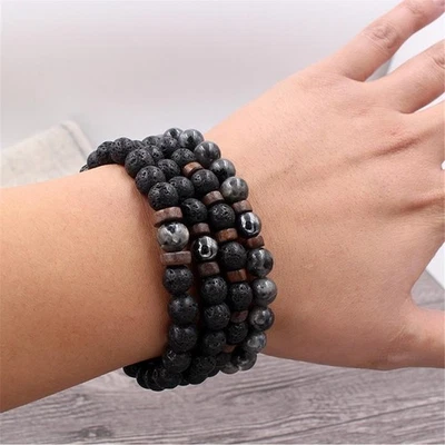 Juego de 3 piezas de pulsera de piedra de roca de lava natural para hombre chakra curativo con cuentas elásticas Foto 1 de 4