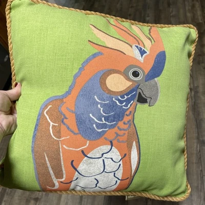 Allen & Roth Throw Pillow Indoor/Outdoor Cockatoo Bird Rope Edge 16x16Green Deco - Image 1 of 4