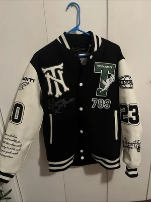 Tenaciti Designer Varsity Bomber Jacket Black & White 23 Patch Streetwear - Image 1 of 4