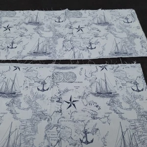 Old World Sailboats and Map Blue and White Fabric Scraps 2 pcs 44" x 9" - Picture 1 of 6