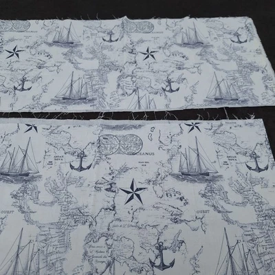 Old World Sailboats and Map Blue and White Fabric Scraps 2 pcs 44" x 9" - Image 1 of 4