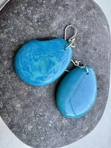 Bright Blue chunky Tagua Nut earrings Sterling Silver ear wires - Picture 1 of 4
