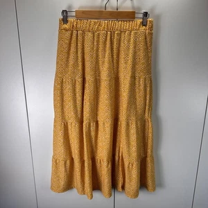 Indigo Rose Yellow Tiered Midi Skirt White Floral Eyelet Boho Womens - Picture 1 of 6