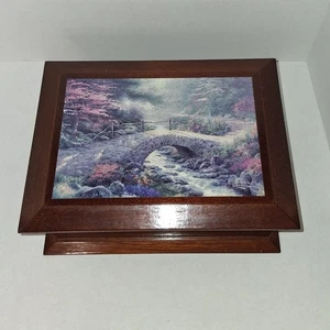 Thomas Kinkade Wooden Jewelry Box Green Velvet Bridge Of Faith Ring Holder - Picture 1 of 9