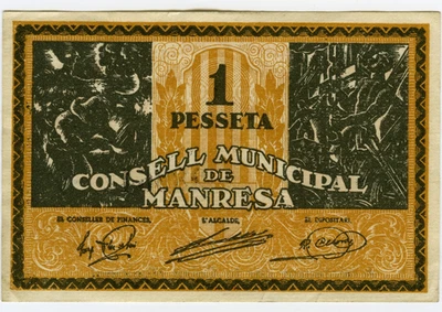 # SPAIN CIVIL WAR 1937 • MANRESA 1 PTA. MUNICIPAL ☆ GUERRA CIVIL ESPAÑOLA ☆D1557 - Image 1 of 2