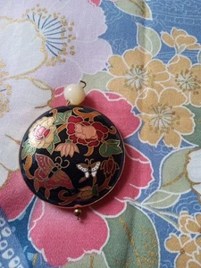 Vintage 2 Sided Cloisonne Pendant Butterflies And Flowers On Black Background - Picture 1 of 4