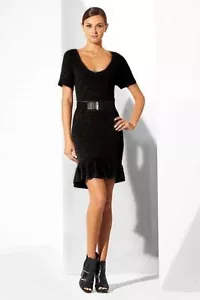 new RRP $230 BCBG MAX AZRIA FRILL HEM WOOL CASHMERE JUMPER DRESS BLACK L . - Picture 1 of 2