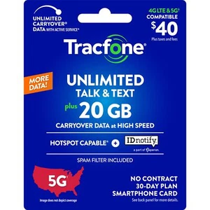 Tracfone $40 Unlimited Talk & Text, 20 GB of Data / 30 Days (Physical Card) - Afbeelding 1 van 1
