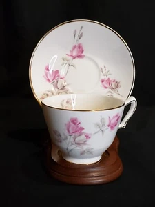Crown Staffordshire Footed Cup & Saucer English Rose Pink Grey w/Gold 1930-1974 - Picture 1 of 6
