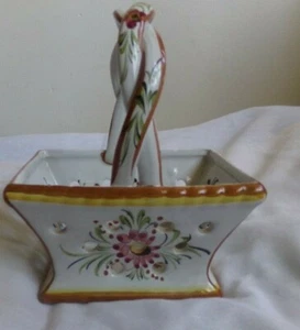 Hand Painted RCCL Ceramic Basket with Braided Handle Made in Portugal, Signed - Picture 1 of 7