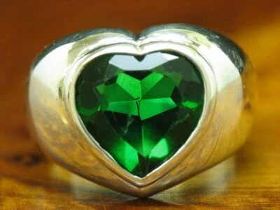 925 Argento Sterling Anello Con Vetro Ricoperto / Cuore / Vero / 14,3g / Rg 53,5 - Immagine 1 di 3