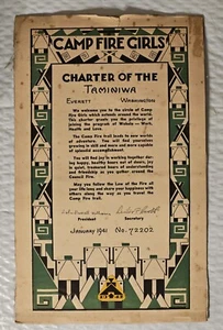 Camp Fire Girls Charter of the Taminiwa ~ gennaio 1941 Everett, Washington n. 72202 - Foto 1 di 3