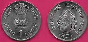 INDIA 1 RUPEE 1991-B UNC STYLIZED PEACOCK,TOURISM YEAR,ASHOKA PILLAR LION CAPITO - Picture 1 of 1