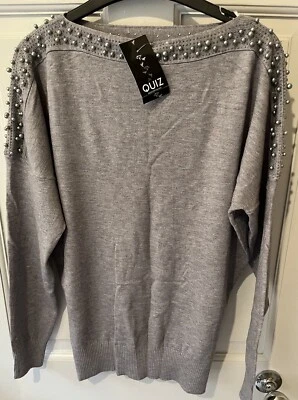 QUIZ GREY SOFT KNIT BATWING SLEEVE SLASH NECK EMBELLISHED TOP JUMPER SMALL BNWT - Image 1 of 4