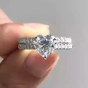 8mm Heart Cut DEF Moissanite Wedding Engagement Ring Sets 14K White Gold Plated - Picture 1 of 11