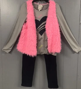 BELLE du JOUR 3pc Outfit. Navy Leggings Gray Top , Pink Vest. Size Girls M. NWT - Picture 1 of 9