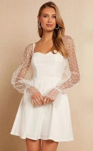 NEW White Wedding Cocktail Shower Mini Dress W Polka Dot Mesh Sleeves Size M - Picture 1 of 5