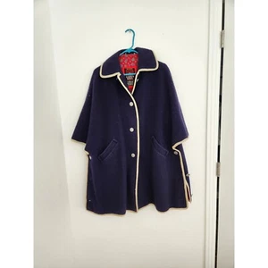 Vintage Loden King Alpine Loden Coat Navy Cream Trim W. Germany cape 70s - Picture 1 of 9