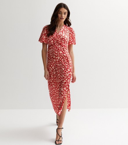 NUOVO LOOK UK 8 Abito Midi Stampa Cuore Rosso Satina Twist San Valentino