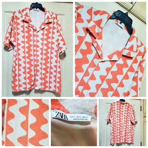 Zara Hemd Herren Large Orange Weiß Frottee Retro Azteken Strand Cabana Skater - Bild 1 von 12