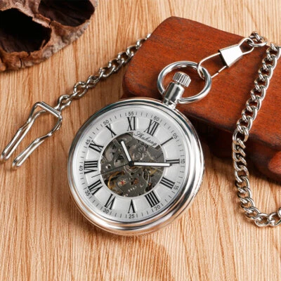 Men's Self Winding Mechanical Silver Tone Pocket Watch Steampunk Pendant Chain - Image 1 of 4