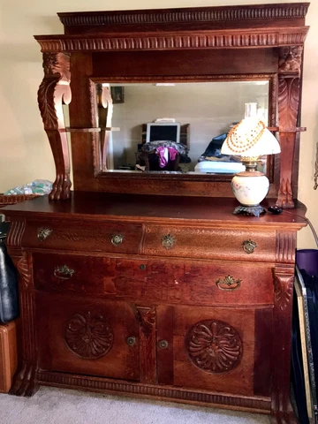 ANTIQUE OAK Buffet 1800’s or early 1900’s  Hand Carved Lion & Sun Cover