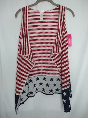 NUEVO CON ETIQUETAS Rojo Blanco Azul Bandera Americana Crochet Cárdigan XL Plumero Hecho en EE. UU. 4 de Julio Foto 1 de 4