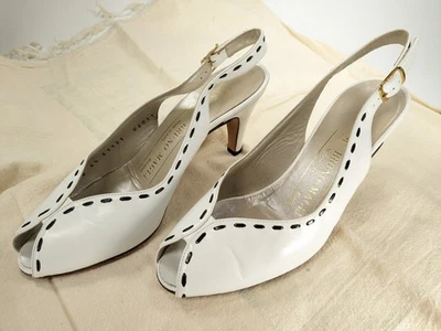 Vtg Bruno Magli White Black Peep Toe Slingback 4 1/2 B Leather Low Heel - Image 1 of 4