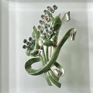 Vintage große Brosche Anstecknadel Metall Emaille grün Strass Blumen Band 50er - 60er Jahre - Bild 1 von 14