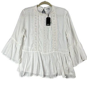 Women Tops Large Baby Doll Poplin Embroidered Bell Sleeve White By Kensie - Picture 1 of 12