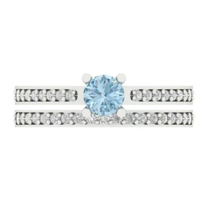 1.2 Round Cut Pave Sky Blue Topaz Promise Bridal Ring Band set 14k White Gold - Bild 1 von 5