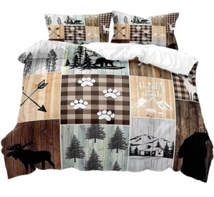 2PCS Black Bear Moose Deer Duvet Cover, Twin Bedding Sets, Vintage - Picture 1 of 2